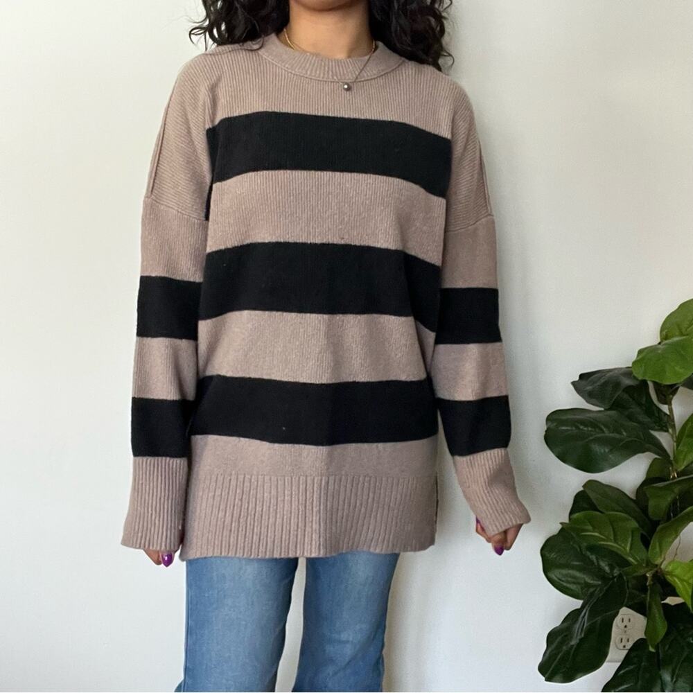 Abercrombie & Fitch Striped Tunic Sweater Size Large Tan Black Knit Minimalist